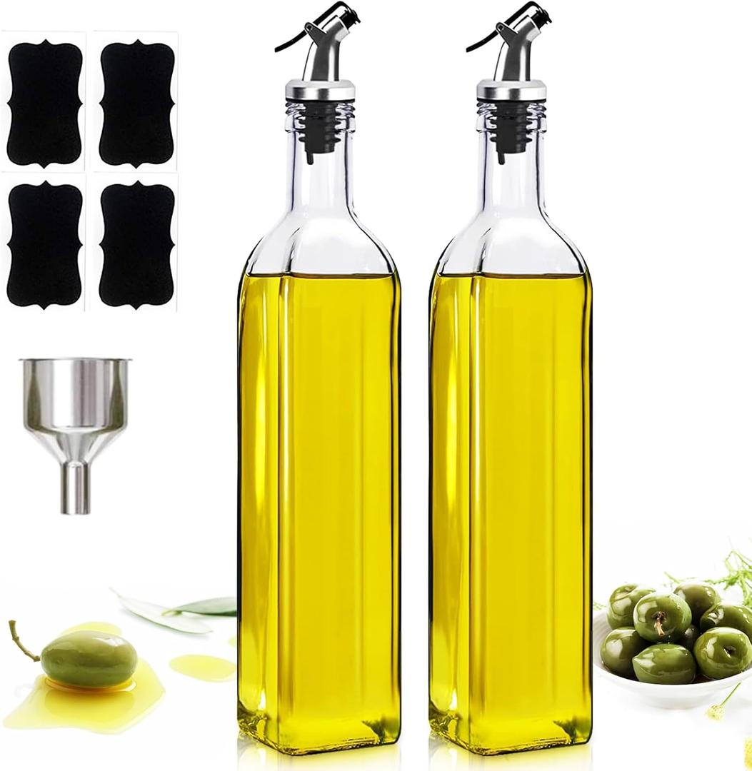 Showvigor Olive Oil Dispenser Bottles, 2Pack 17oz/500 ml Square Glass Tall Oil Bottles with 4 Labels, 2 Pourers and 1 Funnel