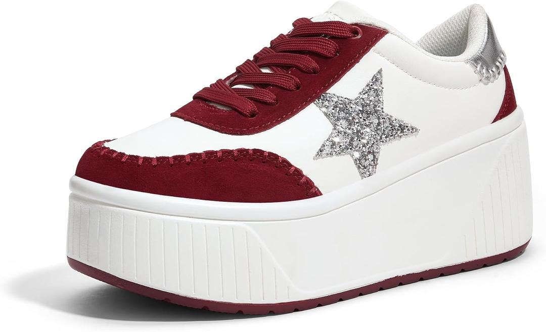 LUCKY STEP Women's Platform Chunky Sneakers Fashion Star Glitter Sparkly Wedge Walking Shoes High Heel Casual Shiny Thick Sole Footwear (7, Red/White)