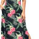 HUSKARY Women's Summer Maxi Dresses V Neck Cold Shoulder Short Sleeve Casual Loose Long Split Dress with Pocket (Medium, Pink Flower)