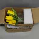 DILATATA Artificial Yellow Tulips in Vase with Faux Water 5.5" Real Touch Flowers Fake Tulips Small Flowers Arrangement in Cube Glass Vase for Mother's Day Table Centerpiece Wedding Home Decor