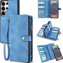 TwoHead for Samsung Galaxy S25 Ultra Wallet Case with Card Holder, Detachable Magnetic Phone Case for S25 Ultra,PU Leather All-Round Protective Phone Case Wallet with Wrist Strap(6.9 in,Sky Blue)
