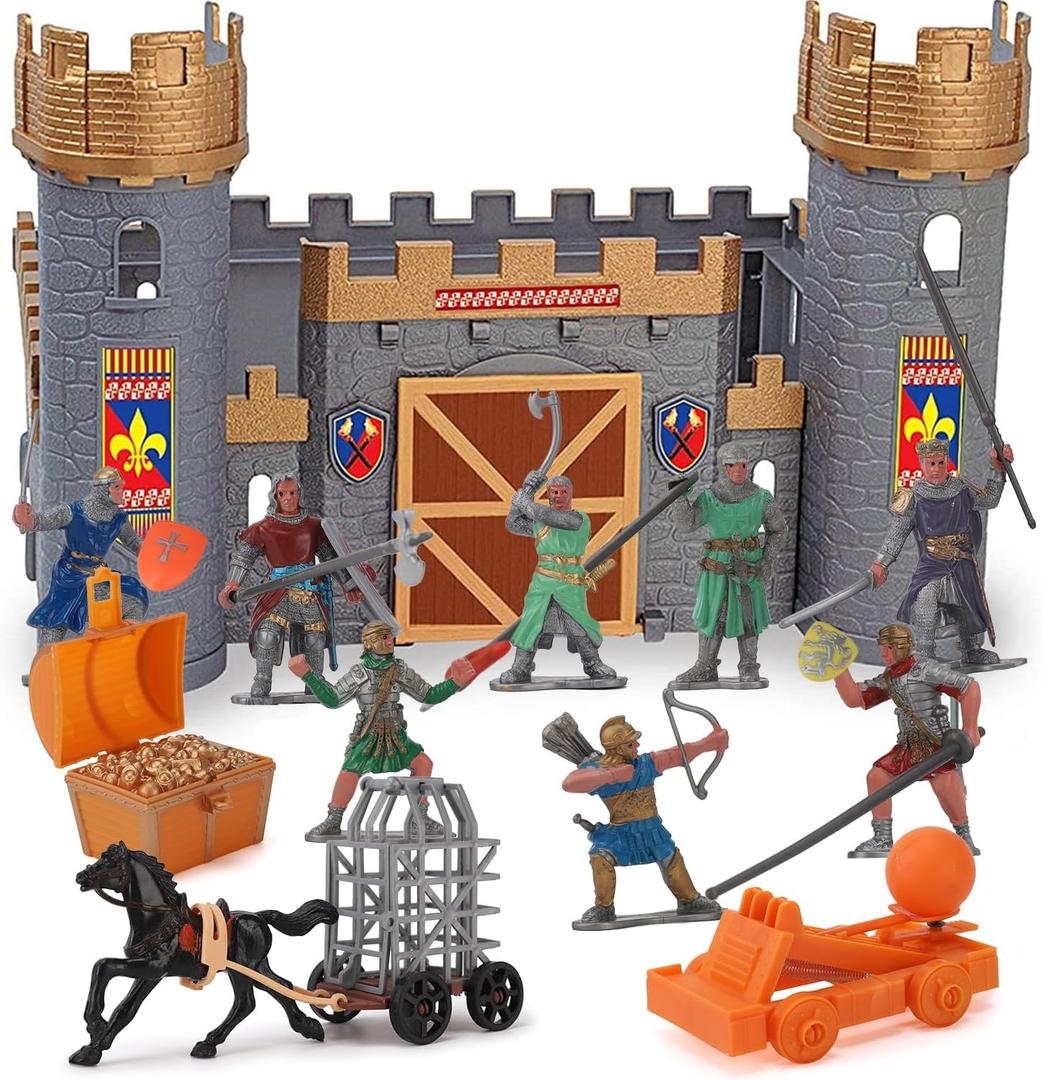 Liberty Imports Medieval Castle Kingdom Knights Action Figure Toy Army Playset with Castle, Figurines, Catapult, and Acessories Kids Playset in Storage Bucket
