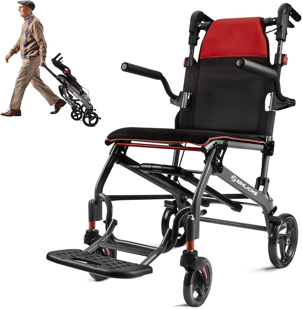 Wheelchairs for Adults Transport Chair Lightweight Foldable with Telescopic Handle, 19.4lbs Portable Folding Travel Wheel Chairs for Seniors (17" Width, Red)