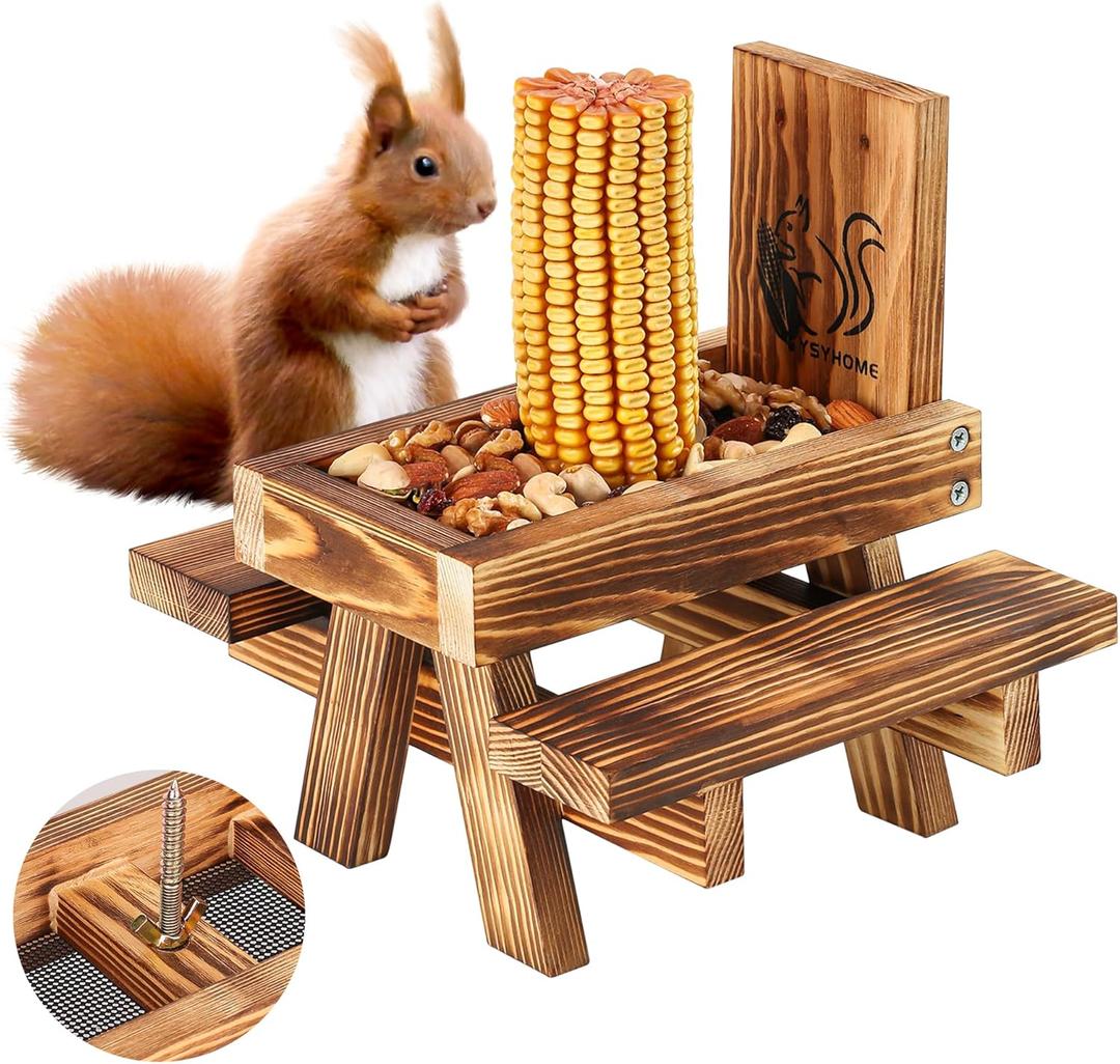 Squirrel Feeder for Outside Funny, Carbonized Wood Squirrel Picnic Table Feeder with Corn Cob Holder & Peanut Tray, Durable Picnic Table for Squirrel and Chipmunk, New Premium Gift (Brown)