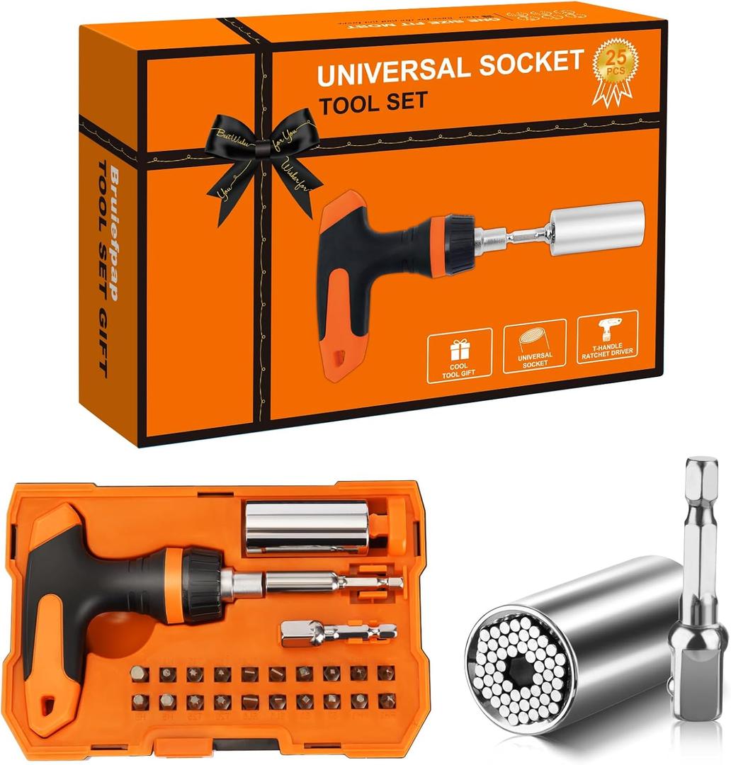 Universal Socket Tool Set, Stocking Stuffers for Men Gifts for Men,Ratcheting Screwdriver T-Handle kit with Power Drill Adapter, Christmas Tool Gifts for Husband,Him, Women, Boyfriend,Dad,Handyman