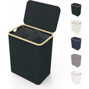 LONBET Laundry Basket with Lid, Made from Breathable Fabric | Aesthetic Clothes Hampers for Laundry with Side Handles & Sturdy Bamboo Frame (40 Gallons - Double, Black)