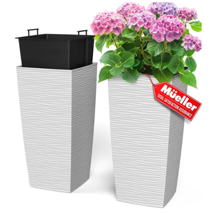 Mueller Janska M-Resin Heavy Duty Tall Planter, Indoor/Outdoor Grande Plant, Tree, Flower Pot, 2-Piece Set, 18”, Modern Design, Built-in Drainage, White