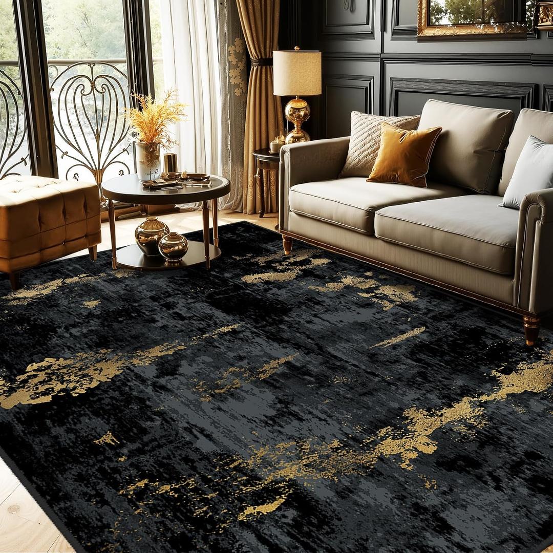 Washable Area Rugs 5'x7' Non-Slip Modern Abstract Soft for Living Room Entryway Bedroom Nursery, Print Pattern, Dark Black Gold