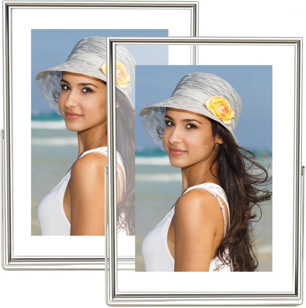 4x6 Floating Picture Frames Set of 2, Made of Metal and Double Real Glass, for Photo Size up to 6x8, Tabletop Display Home or Wedding Decoration (Vertical Silver)