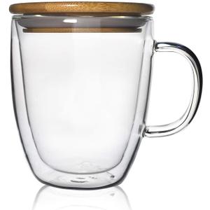 Glass Coffee Mug Double-walled Borosilicate Glass Cup for Hot or Iced Coffee, Milk, Tea (16 Oz Bamboo Lid)