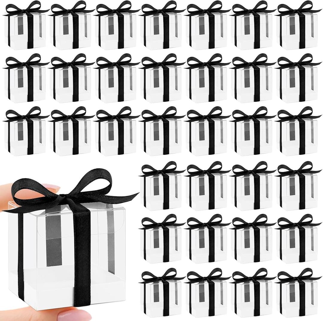 Hxezoc 50 Pack Favor Boxes 2x2x2 Inches Clear Candy Treat Boxes with Black Ribbons, Mini Plastic Gift for Wedding, Birthday Party, Baby Shower, Classroom Decoration Supplies