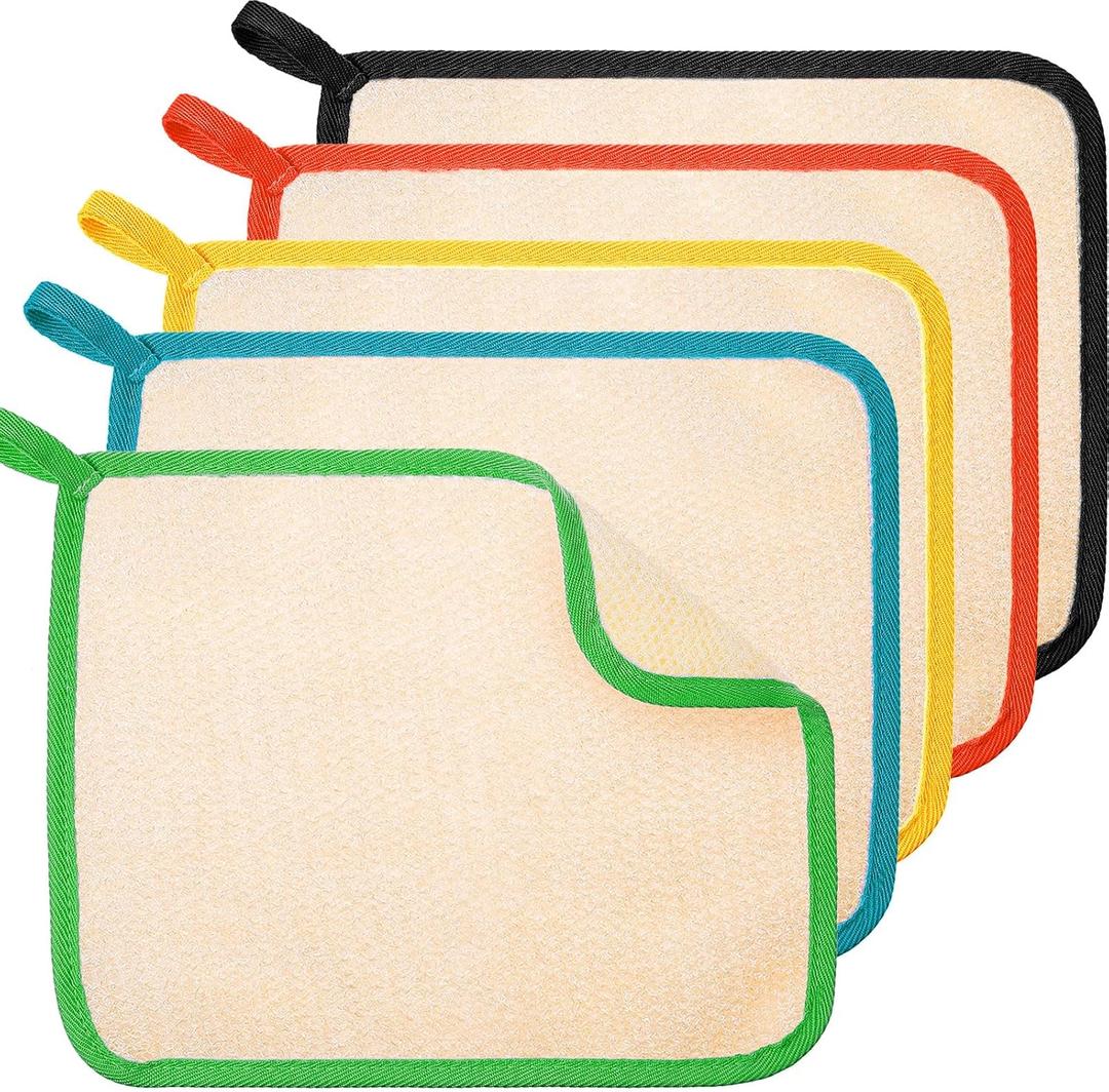 Tatuo 5 Pcs Exfoliating Face and Body Wash Cloths Towel Weave Bath Exfoliating Scrub Massage Bath Cloth for Women and Men, 10.23 x 8.66 Inch(Black Green Orange Blue Yellow Edge)
