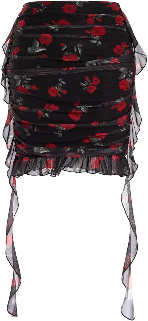 Verdusa Women's Floral Mesh Micro Mini Skirts Ruched High Waist Bodycon Ruffle Skirt (Black, L)