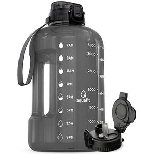 AQUAFIT 1 Gallon Water Bottle with Time Marker - Straw & Chug Lid - BPA Free Gym Water Bottle with Straw - Big Gallon Jug (Gray, 128 oz - 2in1 Lid)