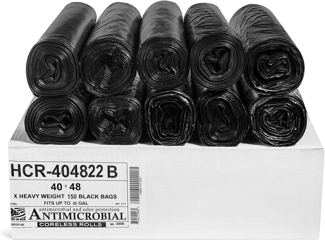 Aluf Plastics 45 Gal Black Trash Bags, 22 Micron (EQ.), 40" x 48" (150 Pk)