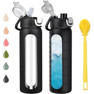 24 oz Glass Water Bottles with 2 Lids-Handle Spout Lid & Straw Lid, Motivational Water Bottle with Time Marker and Silicone Sleeve,Leakproof-Black-1 Pack