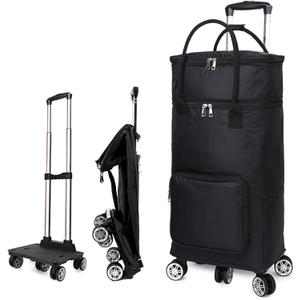 2 in 1 Shopping Cart with Wheels, Foldable Shopping Trolley with Insulation Bag, 65L Utility Dolly Grocery Cart Hand Truck for Groceries, Moving, Upgraded 5 Wheels Trolley Dolly Rover