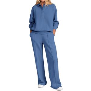 PRETTYGARDEN Women Fall 2 Piece Outfits Sweatsuits Quarter Button Long Sleeve Sweatshirt Wide Leg Pants Tracksuit Lounge Sets (Medium, Blue)