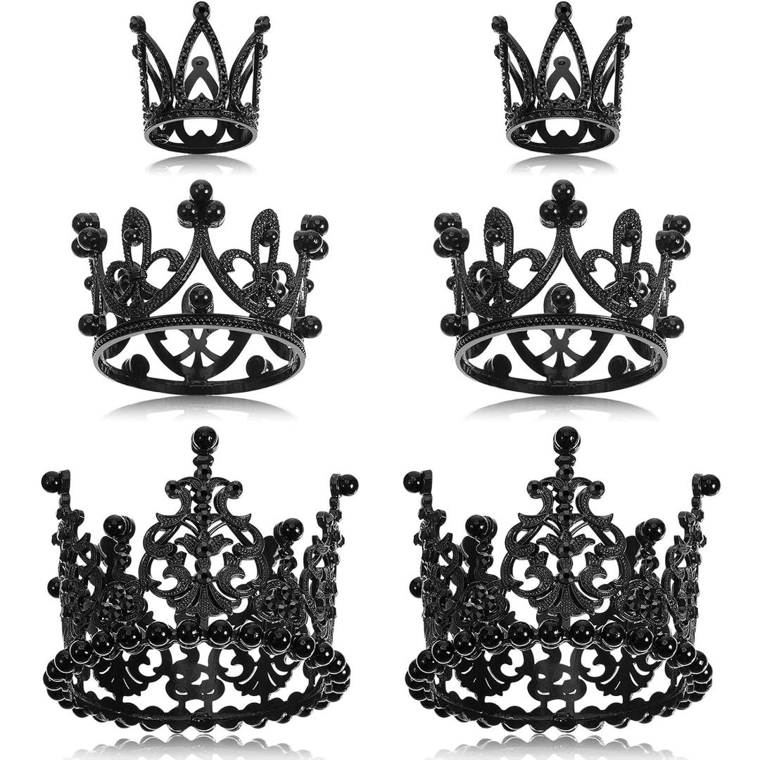 6 Pcs Crown Cake Topper Artificial Pearl Rhinestone Small Tiara Cake Topper Crowns for Decoration Birthday Wedding Baby Shower Party(Black)