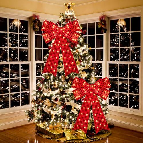 Liliful 2 Pcs 18 x 32 in LED Christmas Wreath Bows Extra Large Bows 72 LED Lights Wreath Huge Bow Door Wall Xmas Tree Top Decor for Indoor Outdoor Winter Xmas Party(Red Black Buffalo Plaid)