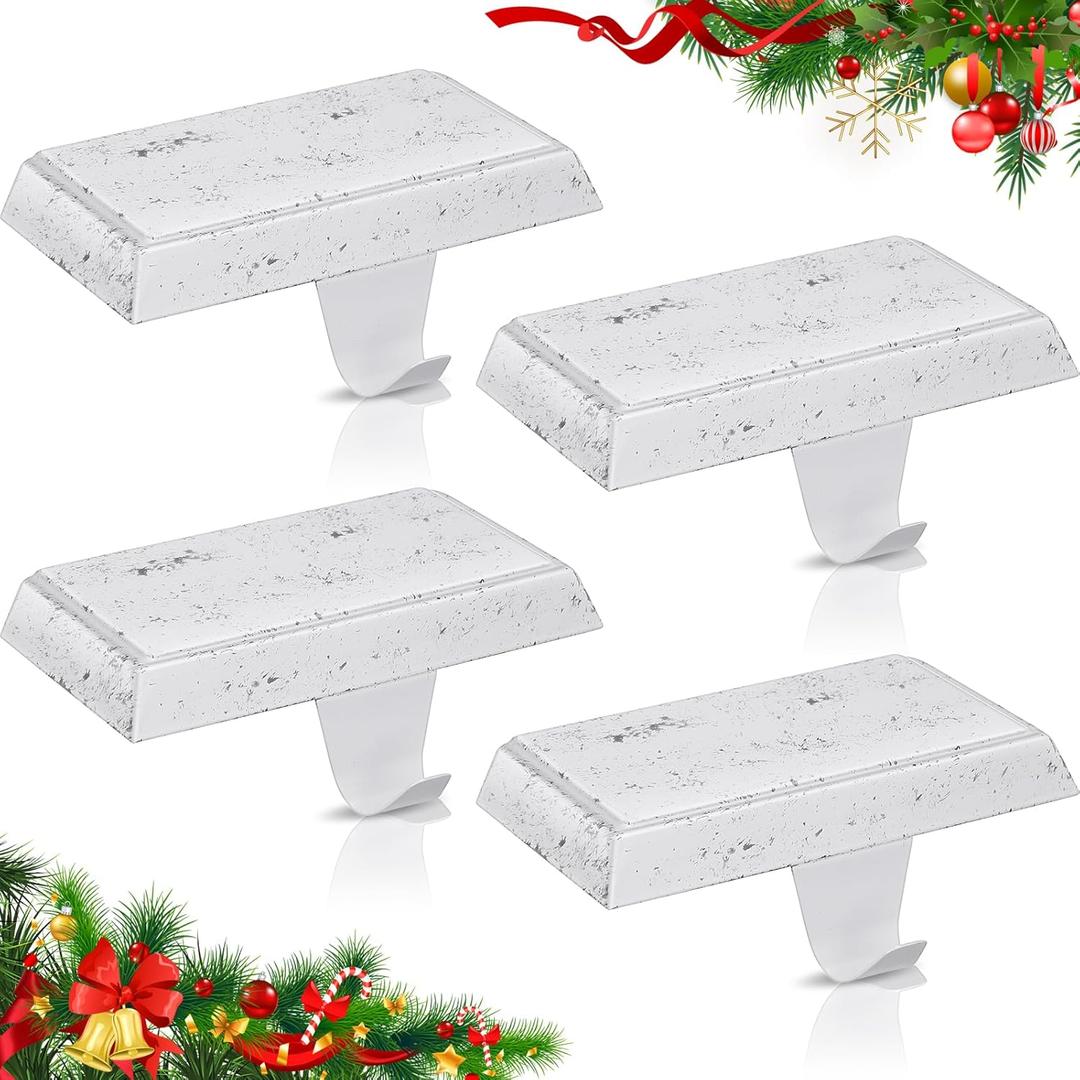 Zhengmy Christmas Stocking Holders for Mantle Weighted Stocking Holder Fireplace Hangers for Xmas Holiday Party Decoration(Stainless Steel,Retro White,2 Pcs)