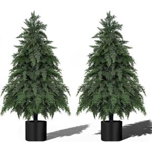 Grooy 2 Pack 3FT Artificial Cedar Topiary Trees with Pot for Porch Decor