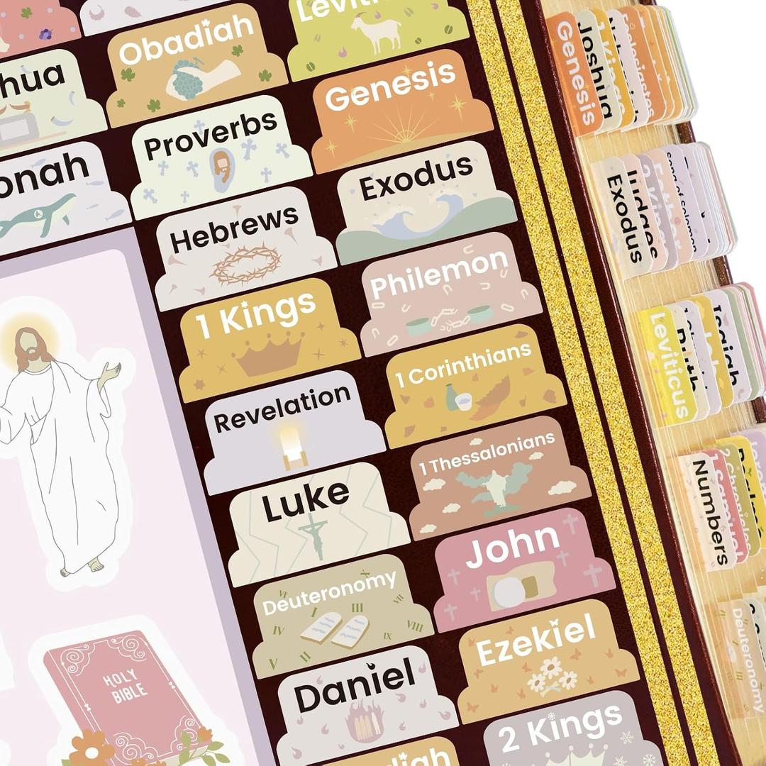 5 x Bible Tabs with Unique Stickers, Laminated Bible Tabs for Women & Men, Christian Gifts, Boho Theme, Large Print Bible Tabs for Easy Navigation, Bible Book Index Tabs Labels, Bible Study Supplies