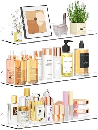 Qukaka Floating Shelves for Wall Decor, 15" Extra Clear Wall Shelves for Bedroom, Living Room, Kitchen, Bathroom Decor, Nail Polish/Book/Decoration/Makeup/Perfume Organizer Floating Shelf-3Pack