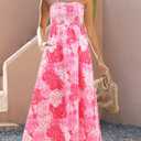 Gardenwed Women's Floral Print Maxi Dress,Spaghetti Strap Smocked Bodice A-Line Sundress with Pockets (Pink, M)