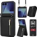 for Samsung Galaxy Z Flip 7 Luxury Zipper Wallet Phone Case, Multi-Function Kickstand Card Holder Adjustable Crossbody Strap, Fashion Flip Case.(Black)