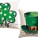 Artscope St Patricks Day Clover Green Hat Throw Pillow Covers 18x18 Inch Set of 2, Polka Dot Shamrock Holiday Decoration Pillow Cases for Home Sofa Couch