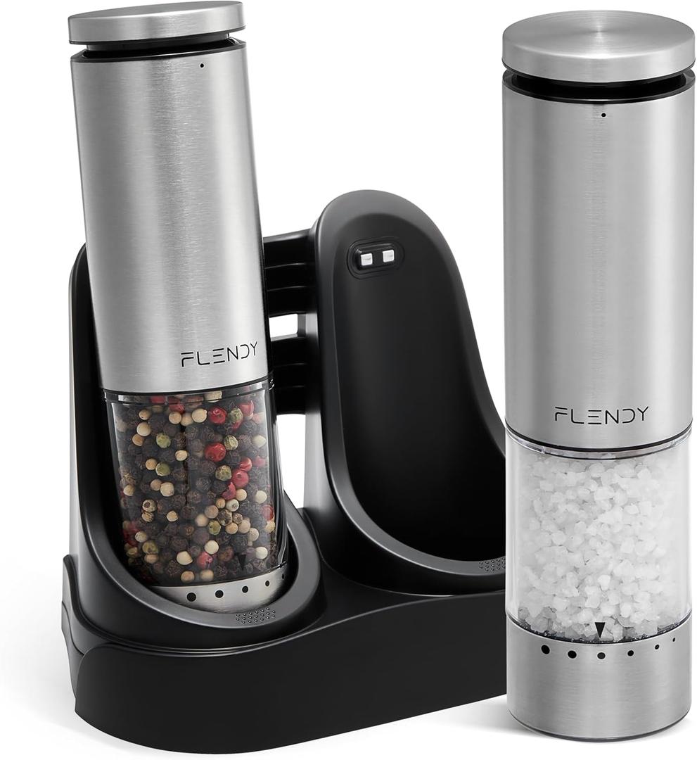 Electric Salt and Pepper Grinder Set Rechargeable, Automatic Salt and Pepper Grinder Set with Oversized Top Button, Stainless Steel Electric Salt and Pepper Shakers Set (Set of 2 with Charging Base, Silver)
