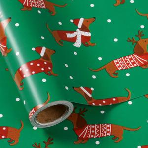 LeZakaa Christmas Dachshund Wrapping Paper Mini Roll, Dachshund Dressed in Festive Customes, White Snow-dot Xmas Green Design, Holiday Party Gift Wrap for Kids Boys Girls, 17 inches x 32.8 Feet