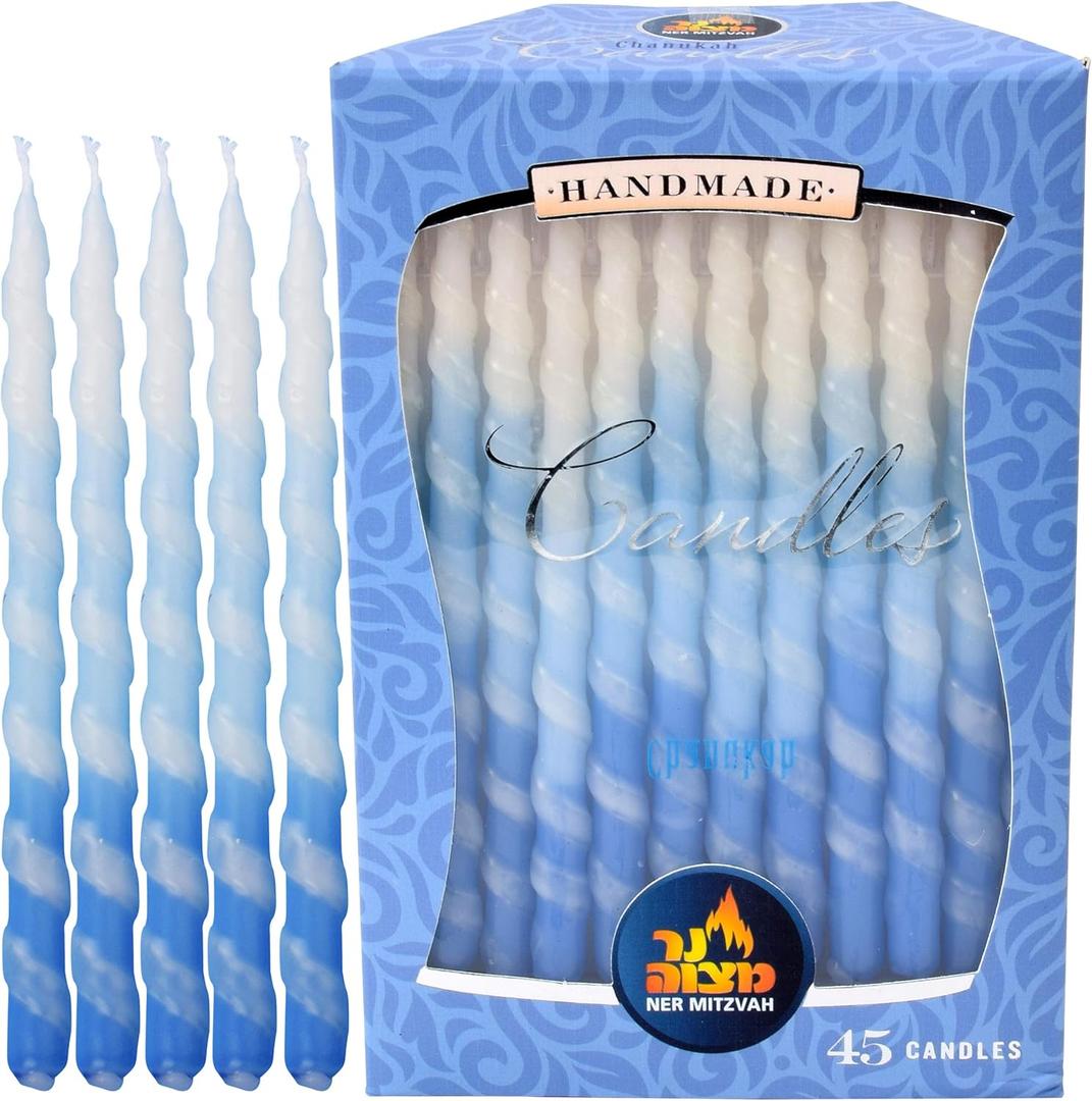 Ner Mitzvah Hanukkah Candles, Blue and White Spiral Dripless Chanukah Candle, Premium Quality Wax, 45 Candles for All 8 Nights (1 Pack)