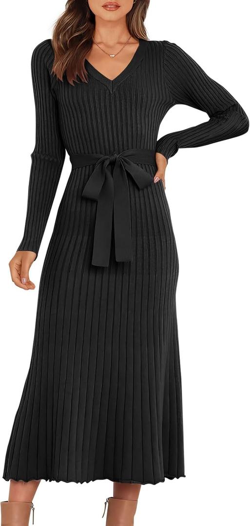 ANRABESS Womens Long Sleeve Fall Dress 2025 V Neck A-line Tie Waist Ribbed Knit Bodycon Midi Sweater Dresses Black Medium (Black, M)