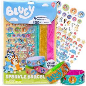 Bluey Sparkle Bracelet Making Kit, 4 Reversible Bracelets with Easy Closure, 100+ Traditional and Puffy Resin Stickers, DIY Bluey Jewelry, Arts and Crafts for Kids Age 8-12, Toddler Gifts