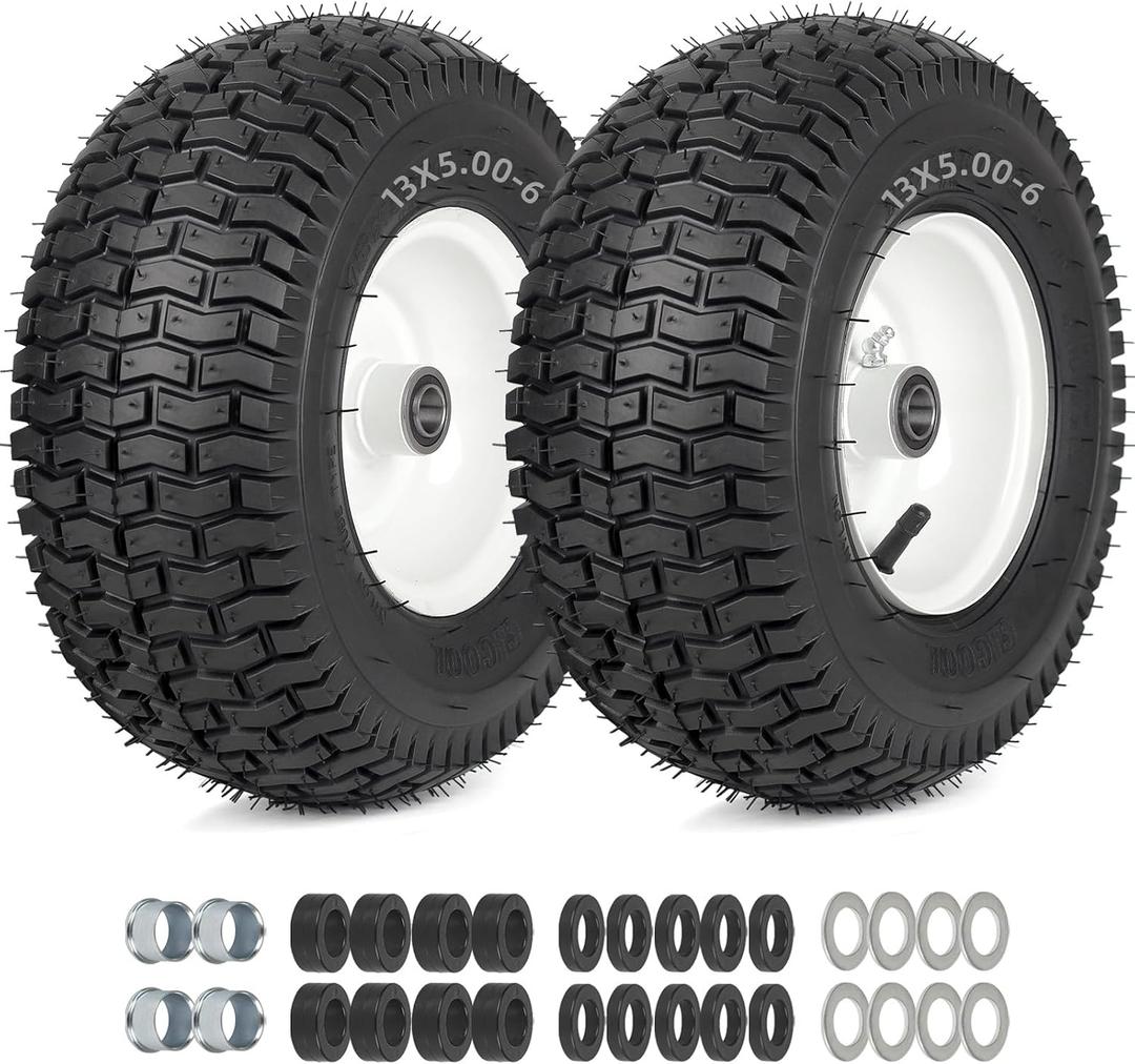 GICOOL 13x5.00-6 Rubber Lawn Mower Tire and Wheel, 2 Pcs Replacement 13x5-6nhs Riding Mowers Lawn Pneumatic Tire with Bearing Bore 3/4" & 5/8", 3" -4.5" Centered Hub