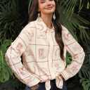MYMORE Women's Western Cowgirl Graphic Button Down Shirt Long Rolled 3/4 Sleeve Floral Print Cowboy Shirts (Beige, M)