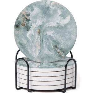Set of 6 Abstract Marble Coasters with Holder, Absorbent Ceramic Coasters for Drinks, Coasters with Cork Backing for Table Protection, Housewarming Gifts for New Home