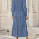 ZESICA Women's Casual Long Sleeve Crew Neck High Waist Smocked Flowy Tiered Midi Dress (Blue, M)