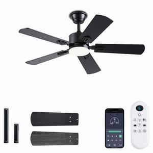 42 inch Modern Ceiling Fans with Lights APP/Remote Control, Low Profile Reversible 6 Speeds Ceiling Fan Light for Indoor/Outdoor Patio Bedroom Living Room, Black