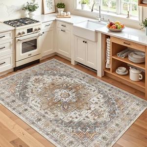 Madane Area Rug 4x6 Washable Rugs: Vintage Living Room Rug Soft Low Pile Non Slip Area Rugs Distressed Indoor Floor Carpet for Bedroom Kitchen Dining Room Home Decor, Turmeric/Grey