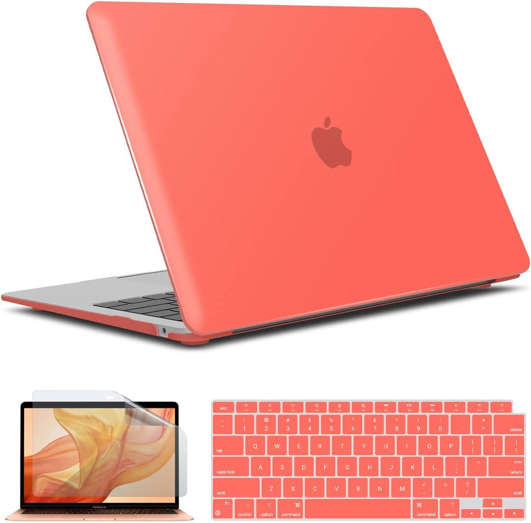 IBENZER Compatible with New MacBook Air 13 inch case 2022 2021 2020 M1 A2337 A2179 A1932, Hard Shell Case&Keyboard Cover&Screen Film for Mac Air 13 with Touch ID (2018-2022), Coral Orange, AT13LCOR+2