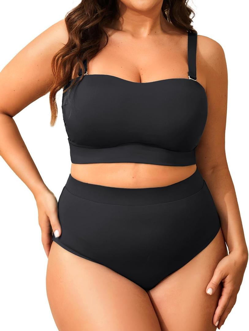 Tempt Me Women Plus Size High Waisted Bikini Bandeau Two Piece Swimsuit Black 22 Plus