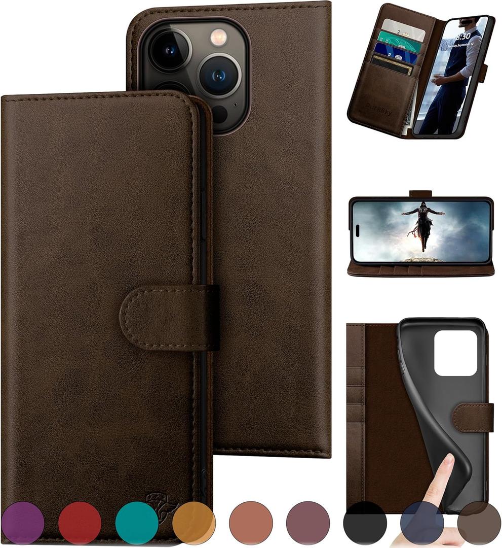 compatible with iPhone 16 Pro 6.3"Genuine Leather Wallet caseRFID Blocking4 Credit Card HolderReal LeatherFlip Folio Book Phone case Protective Cover Women Men for Apple 16Pro case Brown
