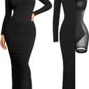 Popilush Women's Long Sleeve Maxi Dress Built-in Shapewear Bra Square Neck Fall Formal Wedding Guest Cocktail Bodycon Dresses (4X-Large, Black)