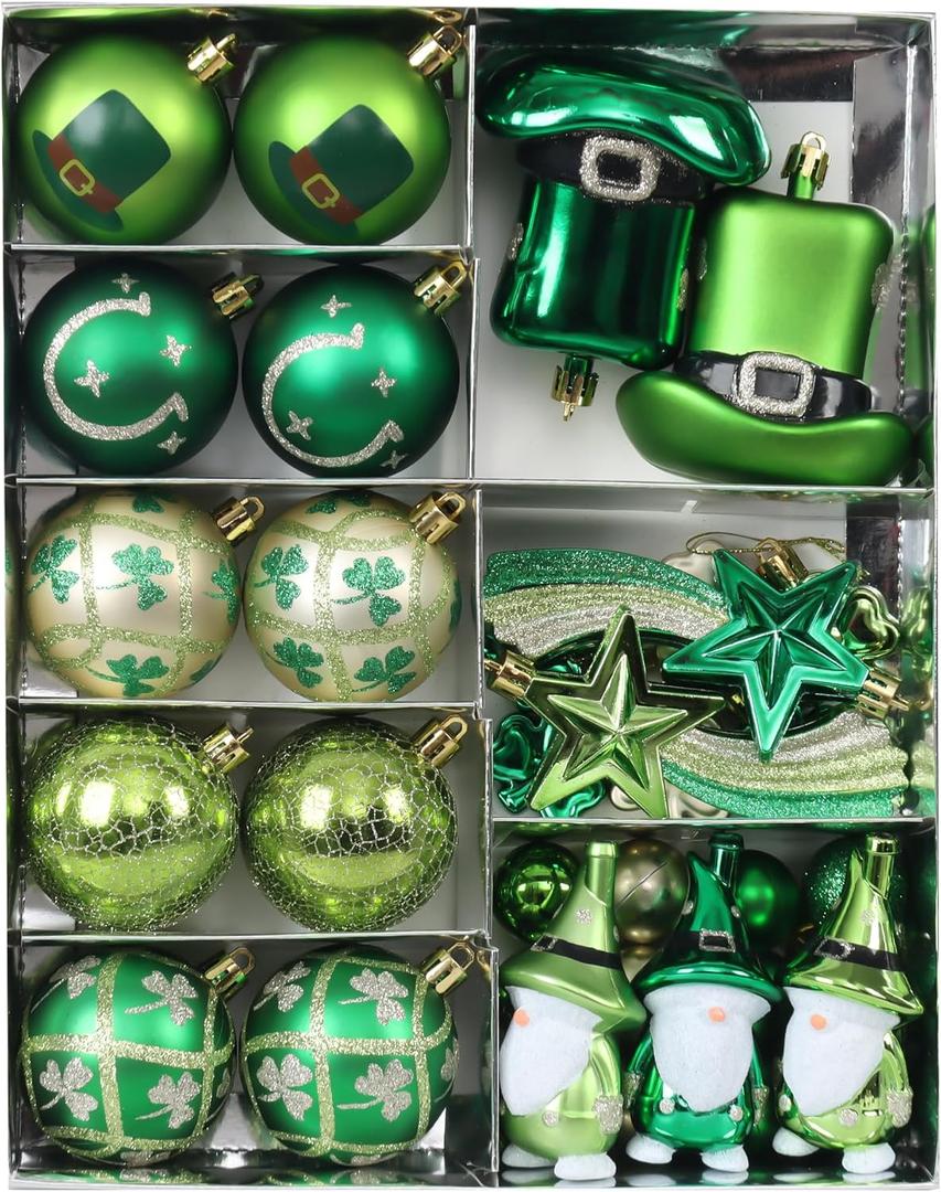 41Pcs St Patricks Day Decorations Shamrock Ornament, 2.36 Inch Hanging Ball Tree Ornaments Irish Festival Decor Set, Good Lucky Clover Gnome and Hat for Party Home Spring