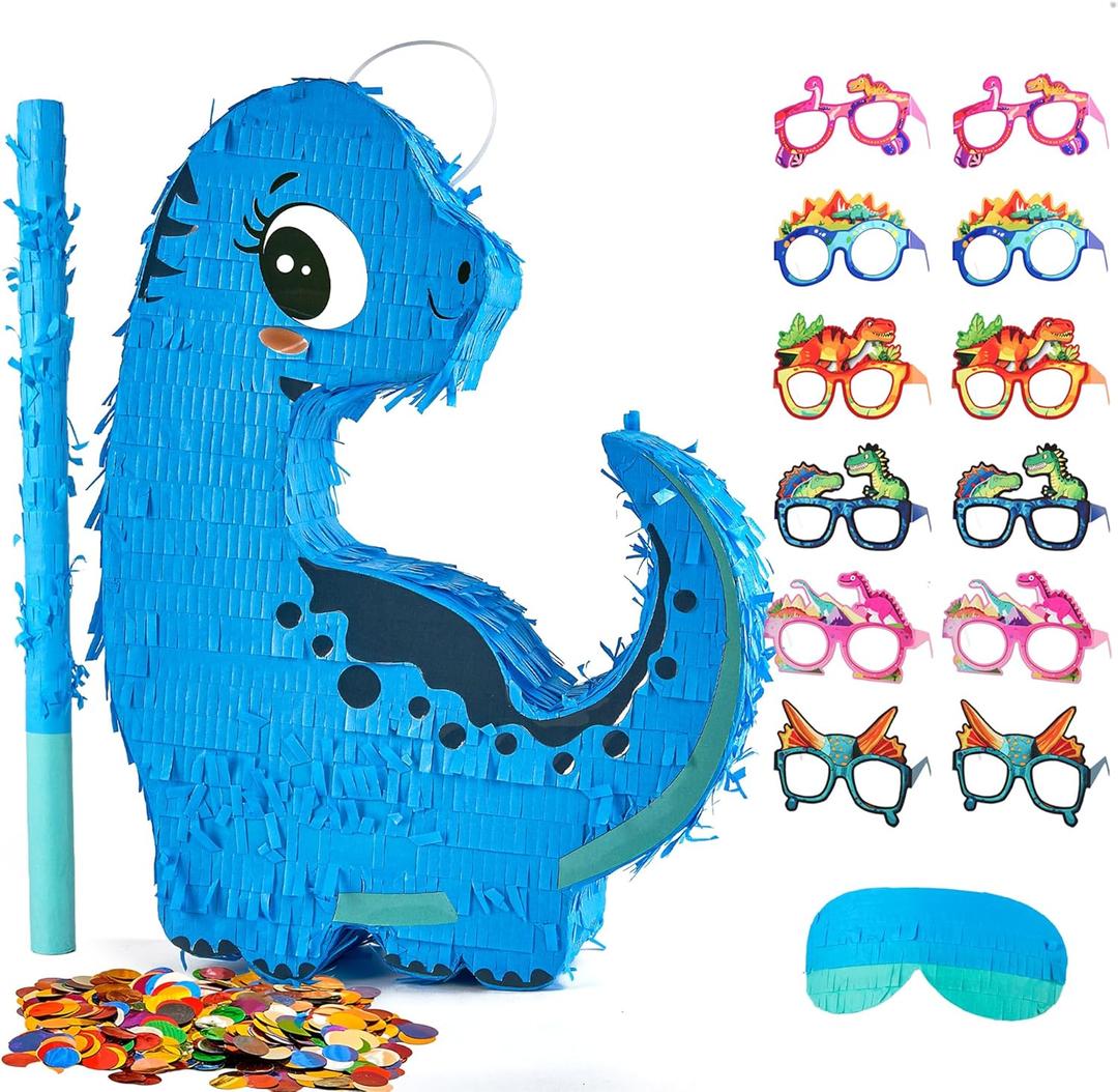 Blue Dinosaur Piata for Boys,Piata de Dinosaurio para nios with 12pcs Paper Glasses, Wood Stick, Confetti, and Blindfold,Dino Piata for Birthday Party Decorations16"*12.6"*3.5"