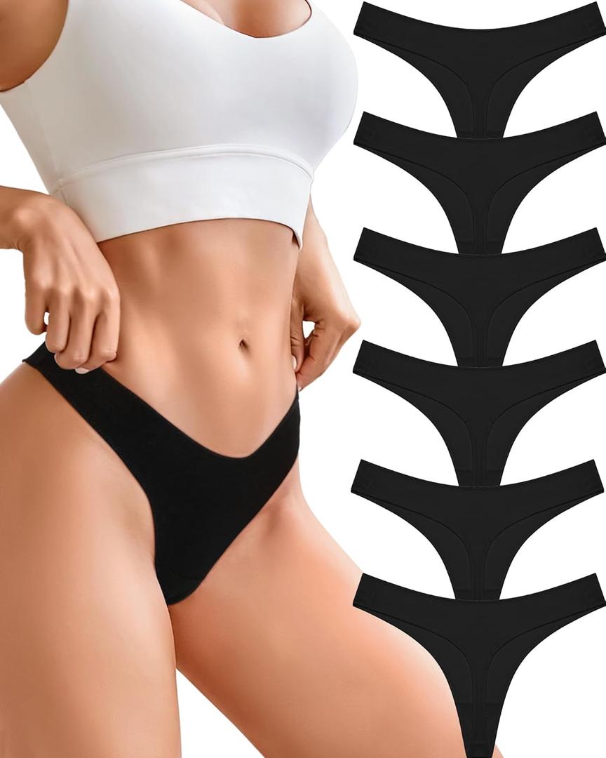 CUTE BYTE Cotton Thongs for Women Sexy Ladies Panties Breathable Stretch Hipster Cotton Underwear 6 Pack XS-XL (Black)