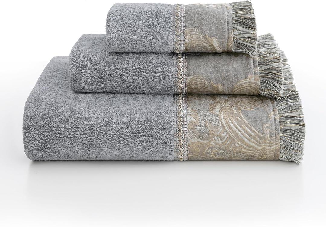 Loom and Mill Luxury Bath Towel Set 3 Piece, Ultra Soft Velour Cotton Cut Pile Decorative Highly Absorbent Quick Dry Elegant Jacquard Embroidered Bath Towels for Bathroom Hotel, Spa and Kitchen (Grey)